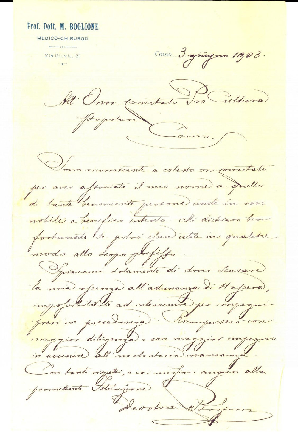Manoscritto, lettera originale 1903 COMO Dottor Michelangelo BOGLIONE promette lezioni alla PRO COLTURA 1