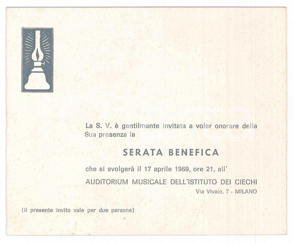Oggetto da collezione cartaceo 1969 MILANO Istituto dei Ciechi  Invito serata benefica  Concerto 1