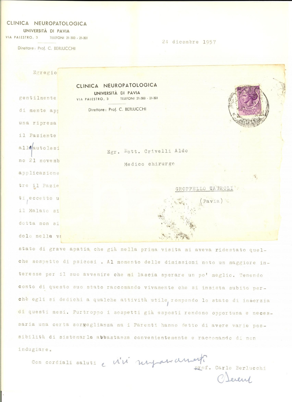 Autografo originale 1957 UNIVERSITA  DI PAVIA Carlo BERLUCCHI su elettroshock a paziente Autografo 1