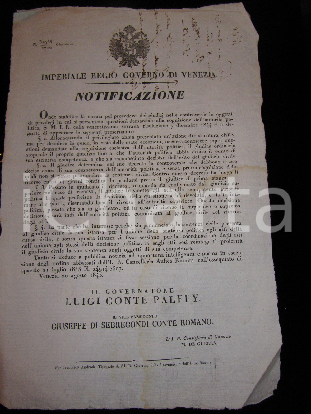 Documento originale, autentico 1845 VENEZIA Nuove norme per giudici in questioni politiche *MANIFESTO 30 x 48 1