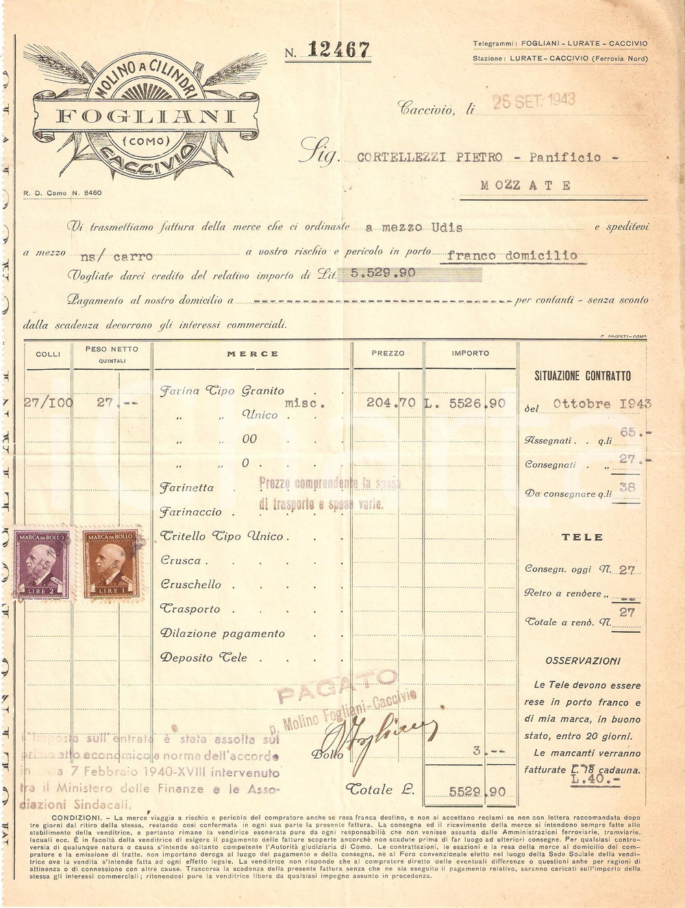 Documento originale, autentico 1943 LURATE CACCIVIO CO Molino a cilindri FOGLIANI Farina e macinati Fattura 1