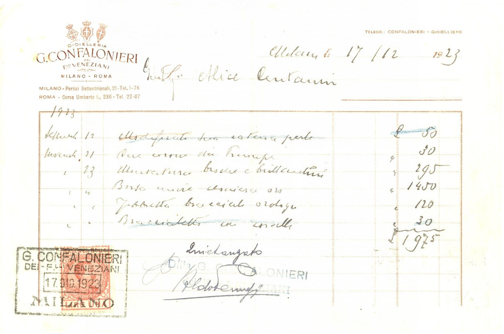 Documento originale, autentico 1923 MILANO Ditta CONFALONIERI dei Fratelli VENEZIANI gioiellieria Fattura 1