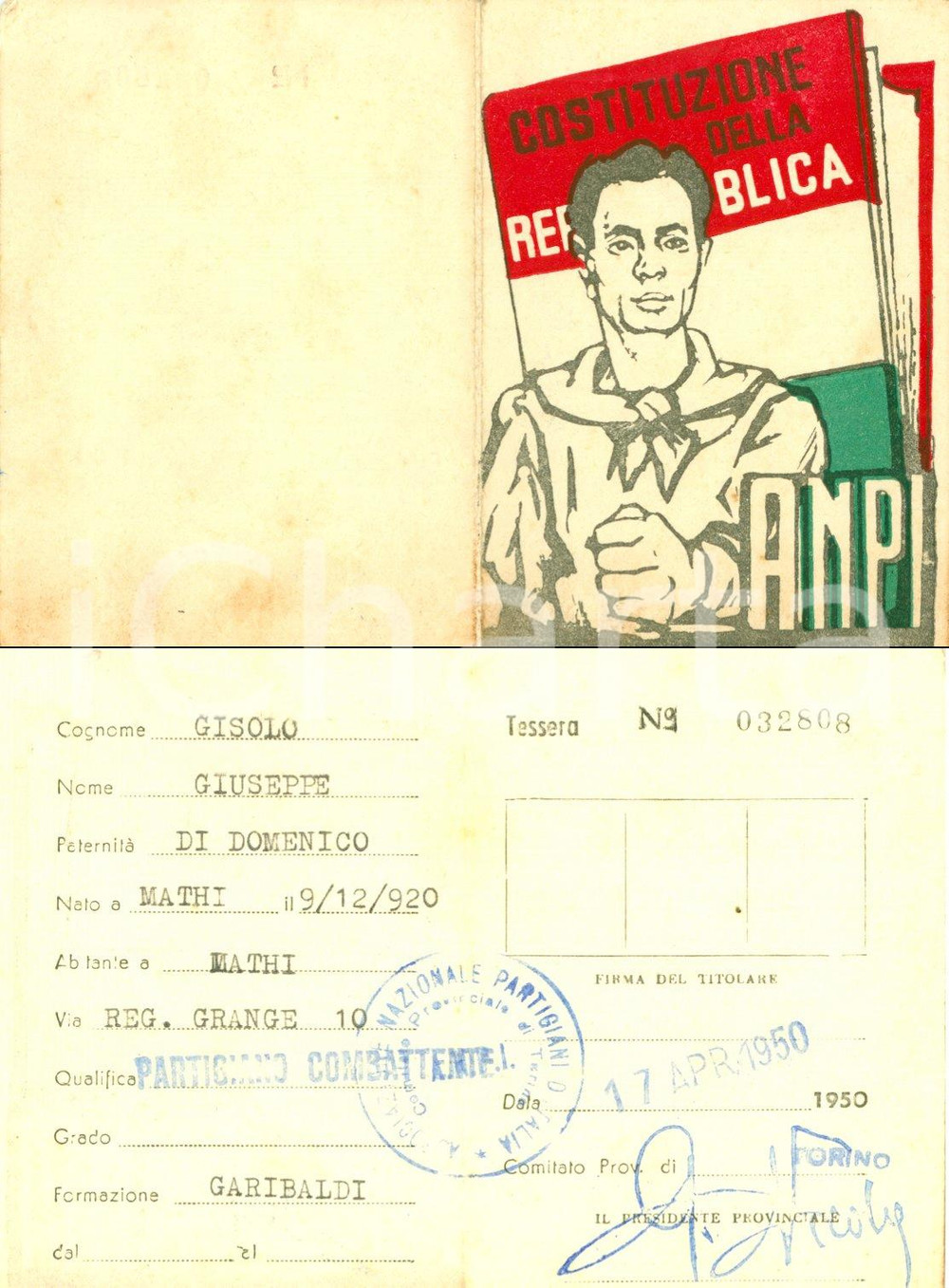 Oggetto da collezione cartaceo 1950 MATHI (TO) Tessera ANPI partigiano Giuseppe GISOLO 1