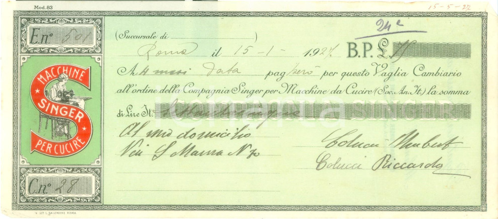 Documento originale, autentico 1927 ROMA Macchine per cucire SINGER Cambiale pubblicitaria intestata 1