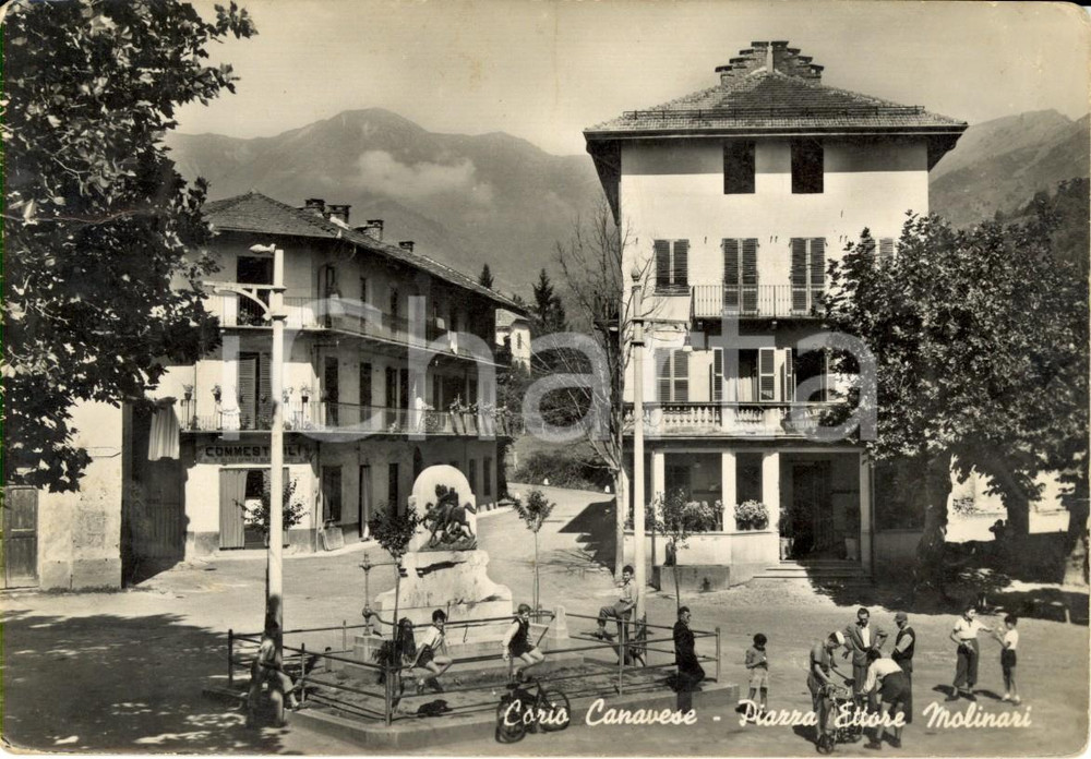 Cartolina originale da collezione 1950 ca CORIO CANAVESE Piazza ETTORE MOLINARI Cartolina ANIMATA FG VG 1