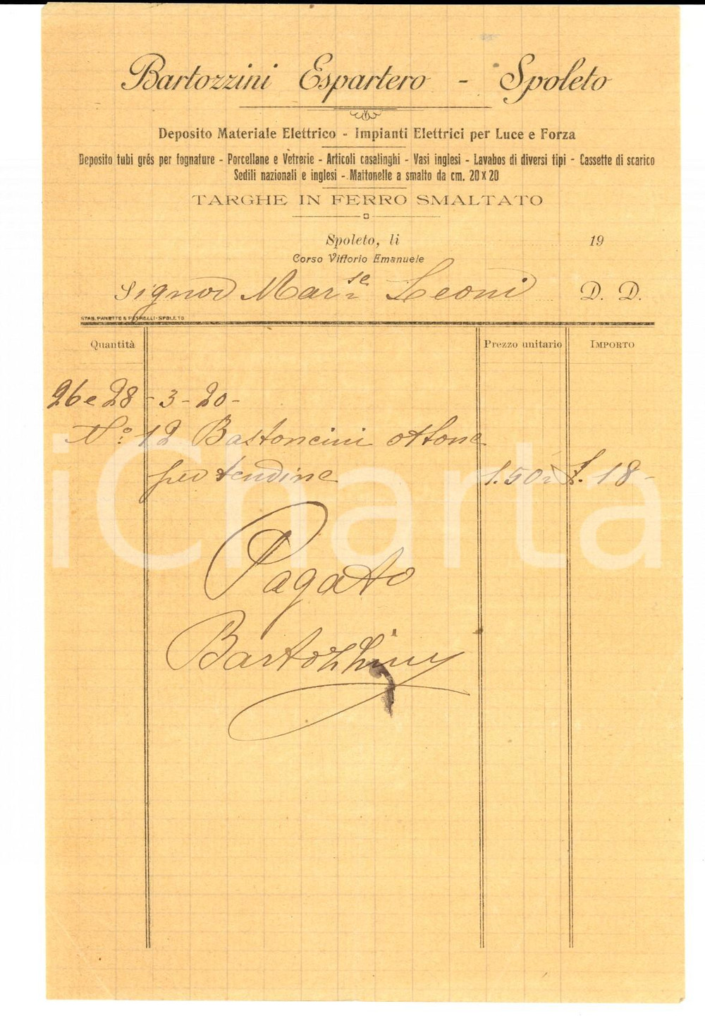 Documento originale, autentico 1920 SPOLETO PG Ditta BARTOZZINI ESPARTERO Targhe in ferro Fattura 1
