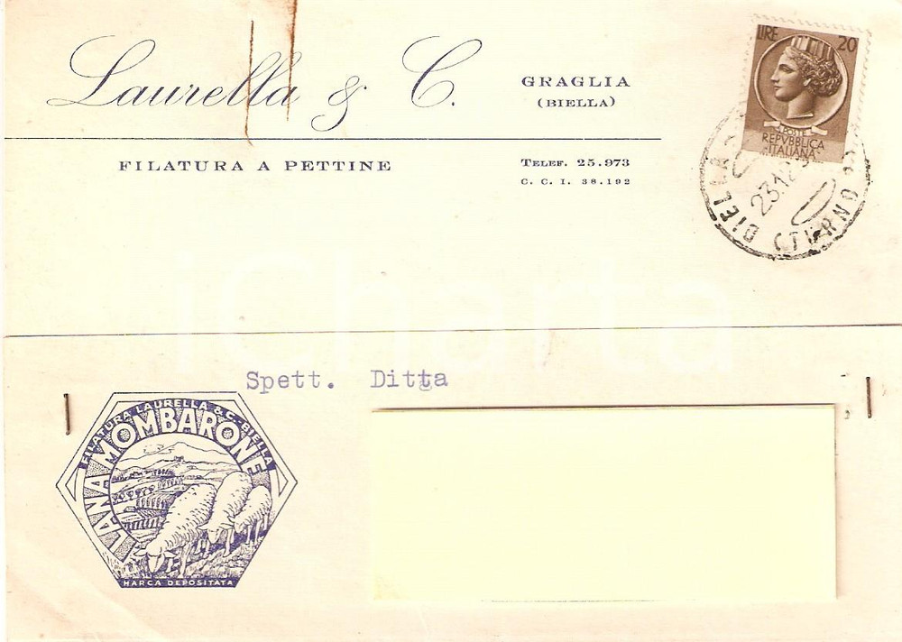 Cartolina originale da collezione 1954 GRAGLIA BI Filatura LAURELLA Lana MOMBARONE Cartolina Commerciale 1