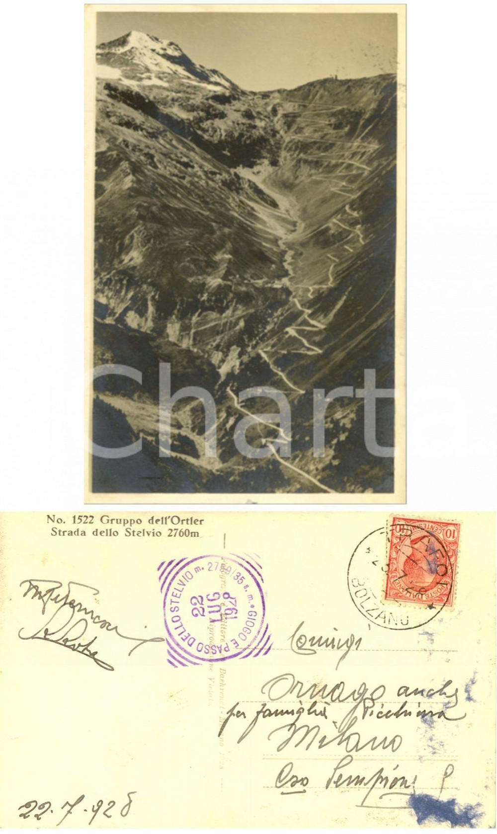 Cartolina originale da collezione 1928 STELVIO (BZ) Strada per il passo e Gruppo dell'ORTLES *Cartolina FP VG 1