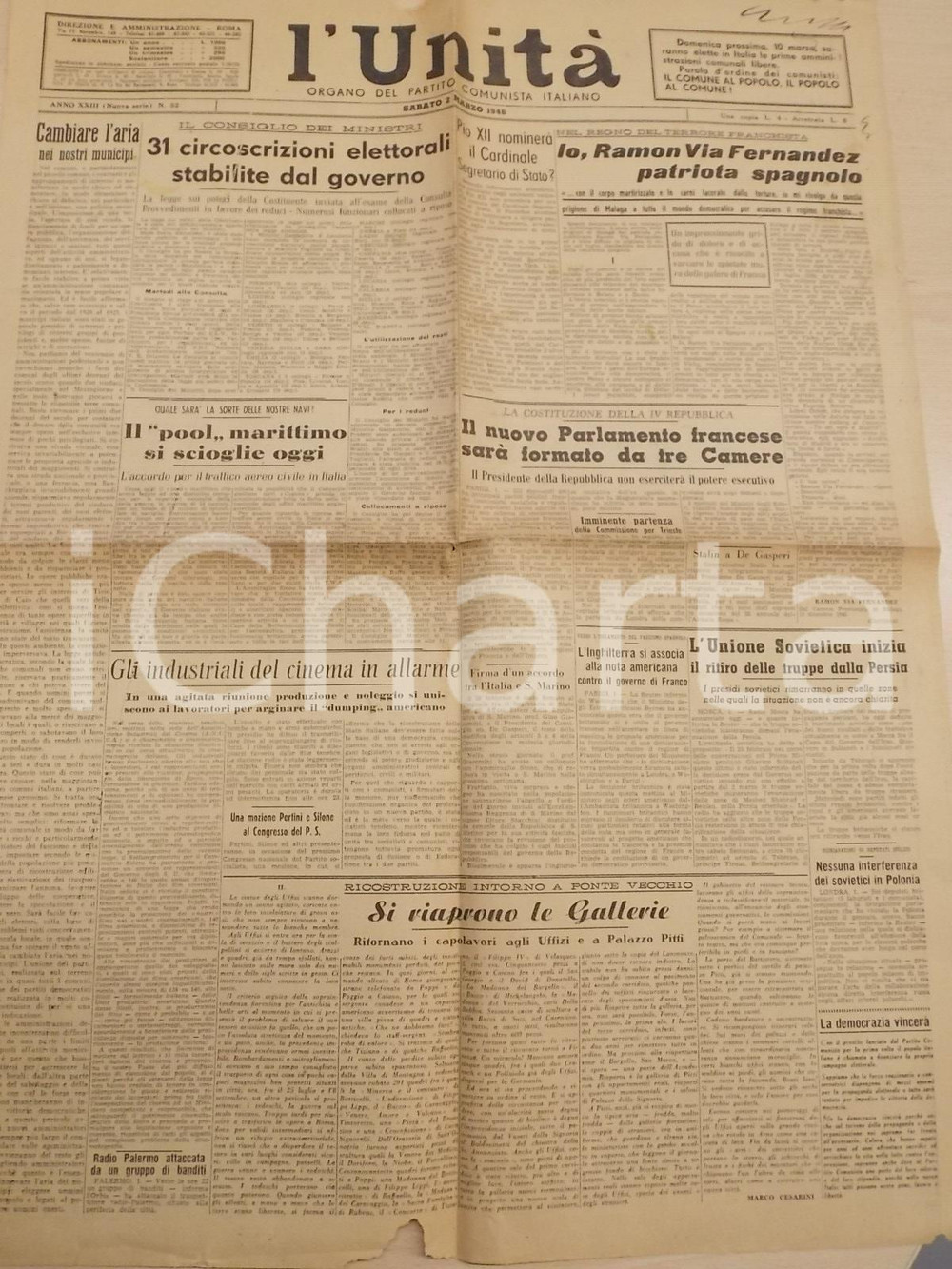 Giornale, rivista storica 1946 L UNITA  Ramon VILA FERNANDEZ patriota spagnolo Giornale nÂ° 52 1