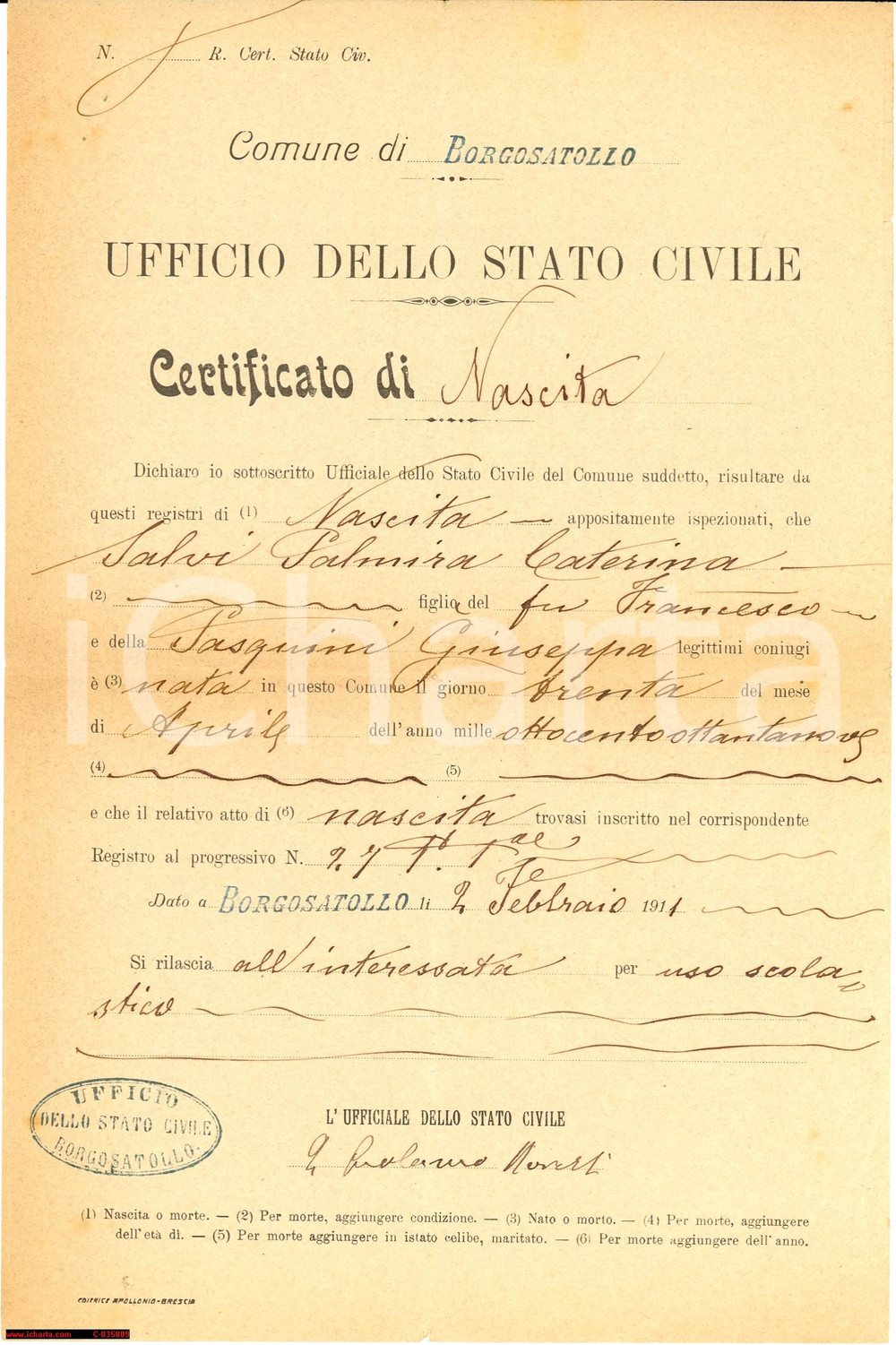 Documento originale, autentico 1911 Borgosatollo - Certificato Nascita *P. Salvi 1