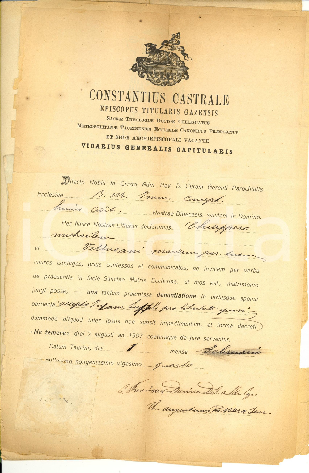 Documento originale, autentico 1924 TORINO Nozze Michele CHIAPPERO e Maria VETTUSANI mons. CASTRALE 1