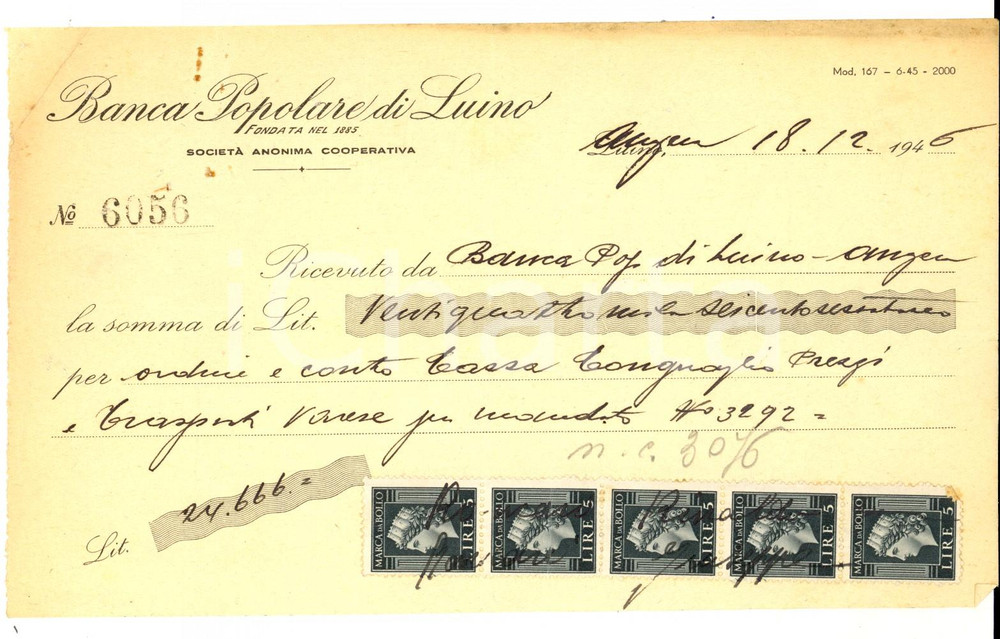 Documento originale, autentico 1946 Banca Popolare di LUINO  Ricevuta con bolli Lire 5 1