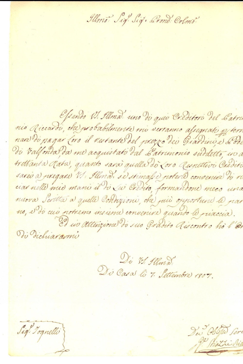 Manoscritto, lettera originale 1807 FIRENZE Lettera Giuseppe STIOZZI RIDOLFI sui poderi e giardini di VALFONDA 1