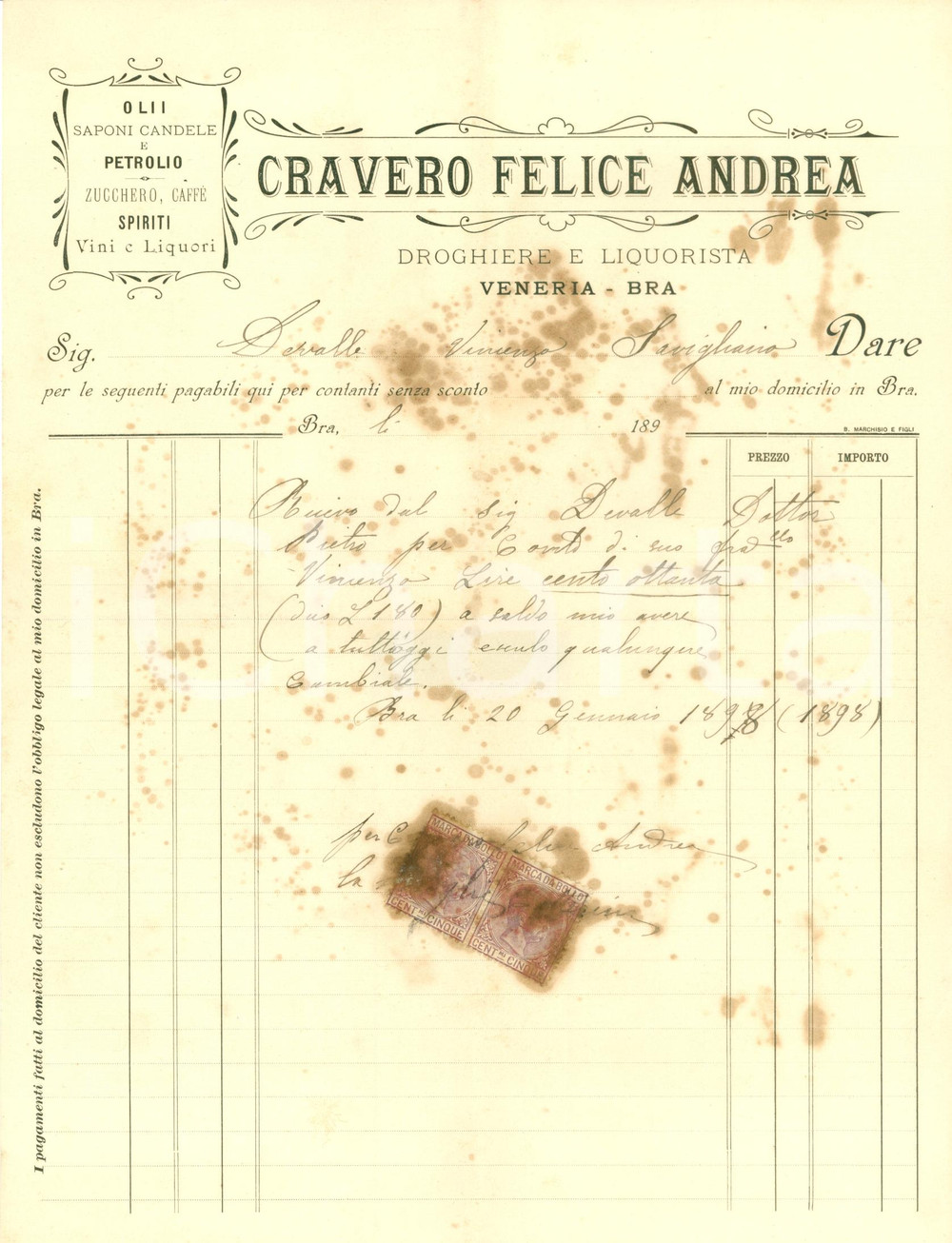 Documento originale, autentico 1898 BRA (CN) Felice Andrea CRAVERO droghiere liquorista *Fattura DANNEGGIATA 1