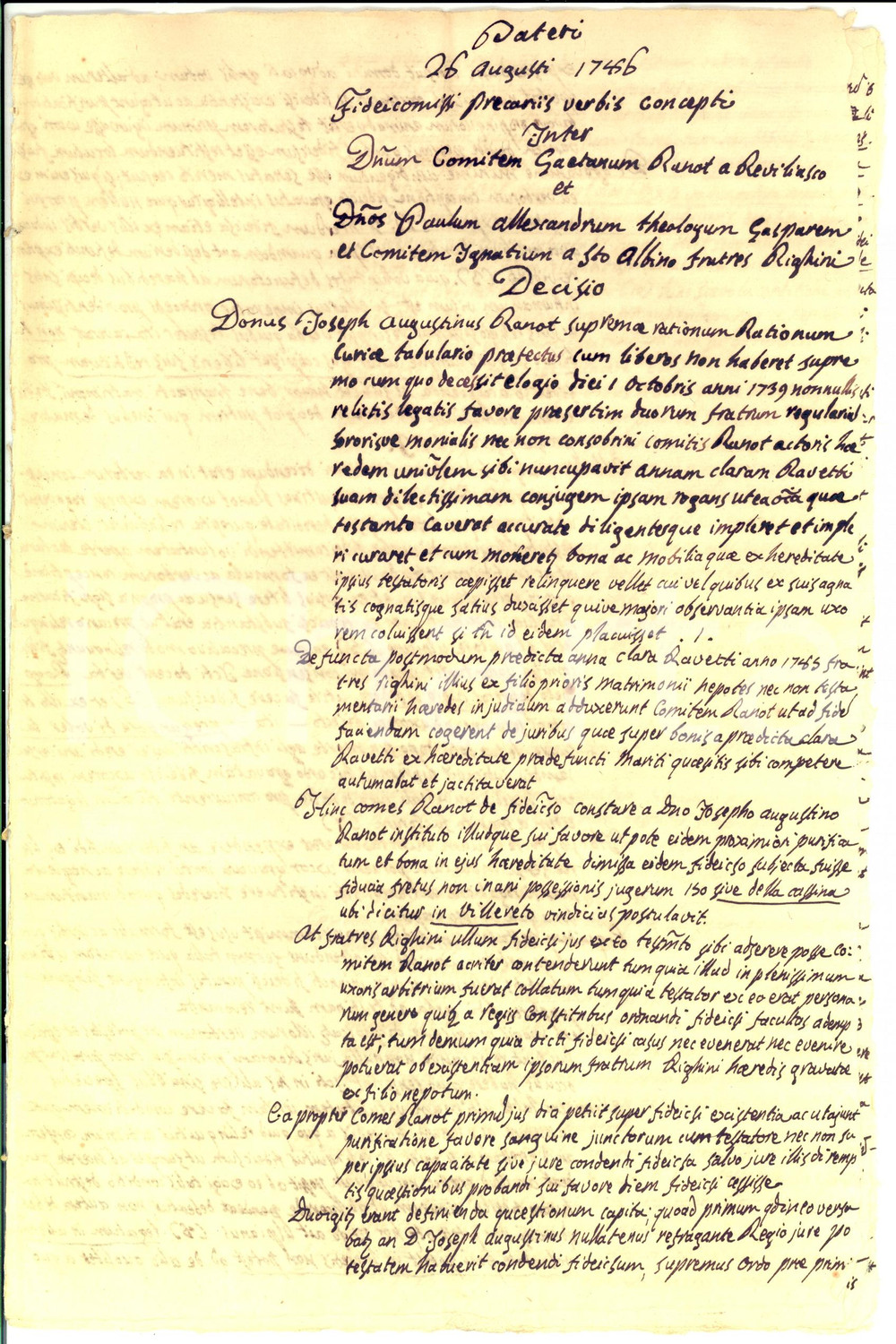 Documento originale, autentico 1746 TORINO Lite Gaetano RANOT DI REVIGLIASCO vs Ignazio RIGHINI DI SANT ALBANO 1