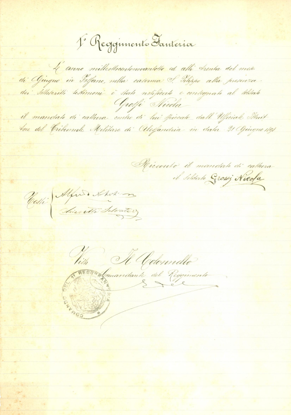 Documento originale, autentico 1898 FOSSANO CN Soldati Nicola GROSSI 1Â° Reggimento Fanteria in arresto 1