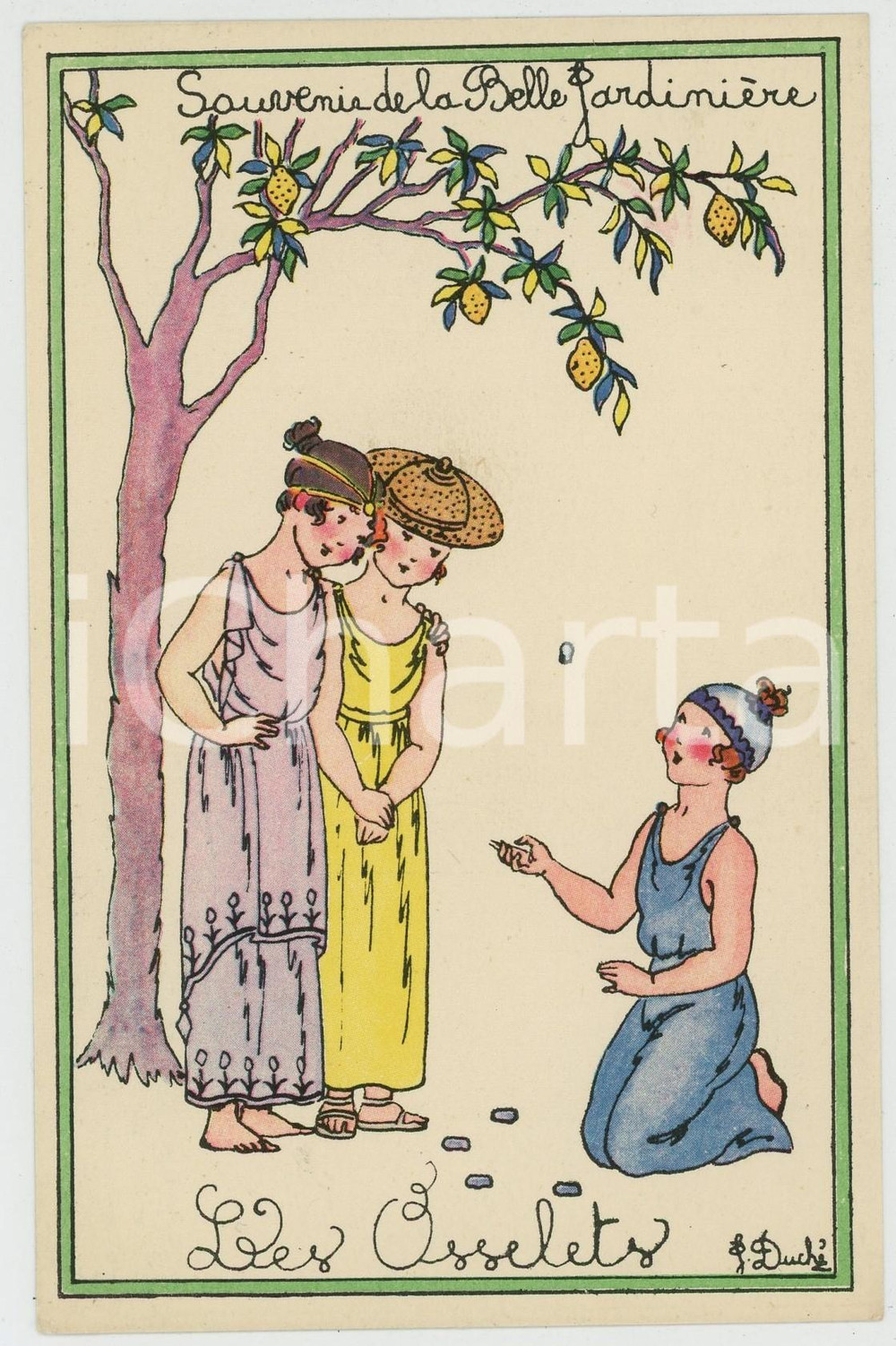 1920 ca LA BELLE JARDINIÈRE Artiste Jacqueline DUCHÉ Les Osselets - Postcard Cartolina d'epoca, non viaggiata. FAIR/discreto Lievi smussature piegature agli angoli Formato: FP originale e autentica 1