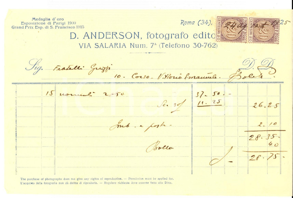 Documento originale, autentico 1925 ROMA D. ANDERSON Fotografo editore Fattura manoscritta normali bromuro 1