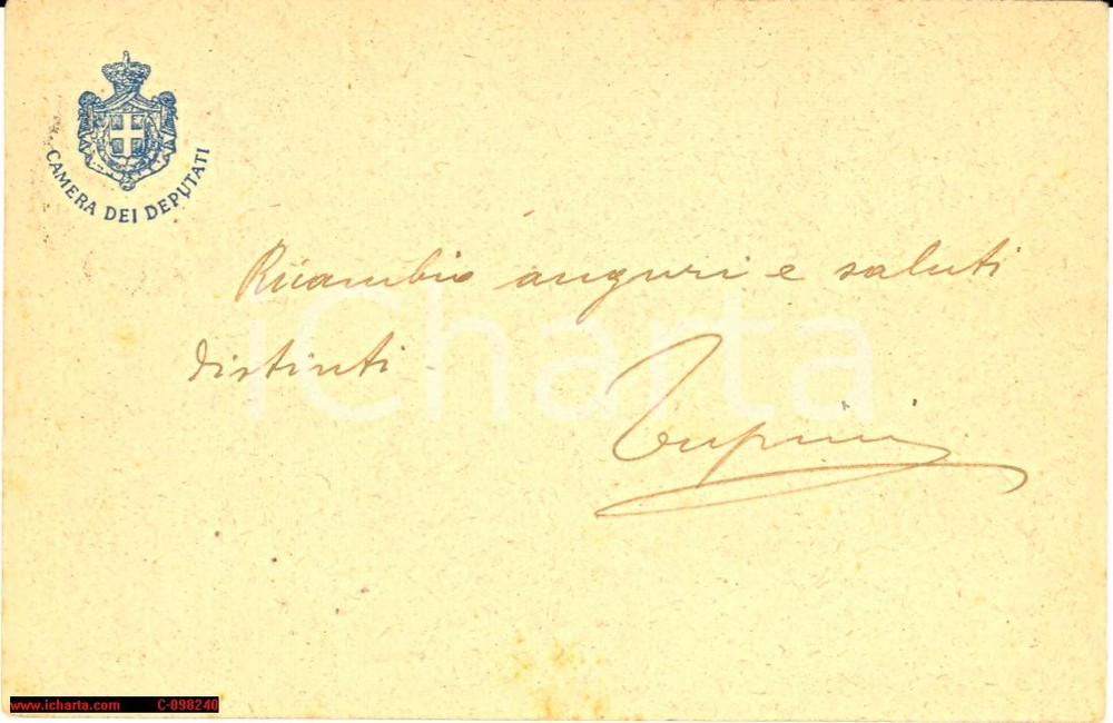 Autografo originale 1920 MACERATA Auguri dall  on. Umberto TUPINI Autografo 1