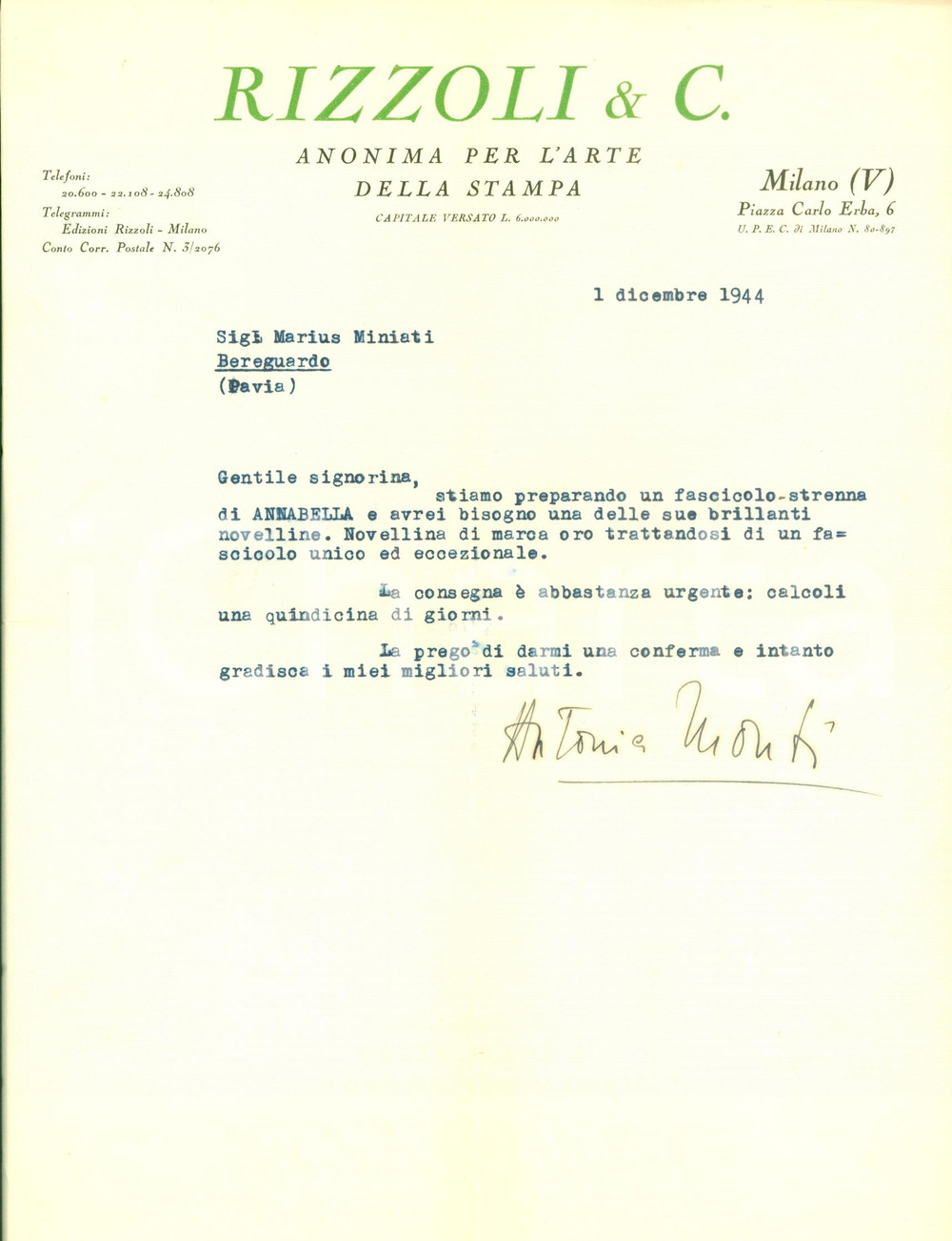 Autografo originale 1944 MILANO Antonia MONTI prepara numero speciale ANNABELLA Firma AUTOGRAFA 1