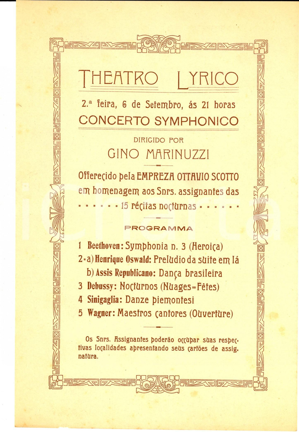 Materiale pubblicitario d’epoca 1930 RIO DE JANEIRO Compagnia OTTAVIO SCOTTO Concerto diretto da Gino MARINUZZI 1