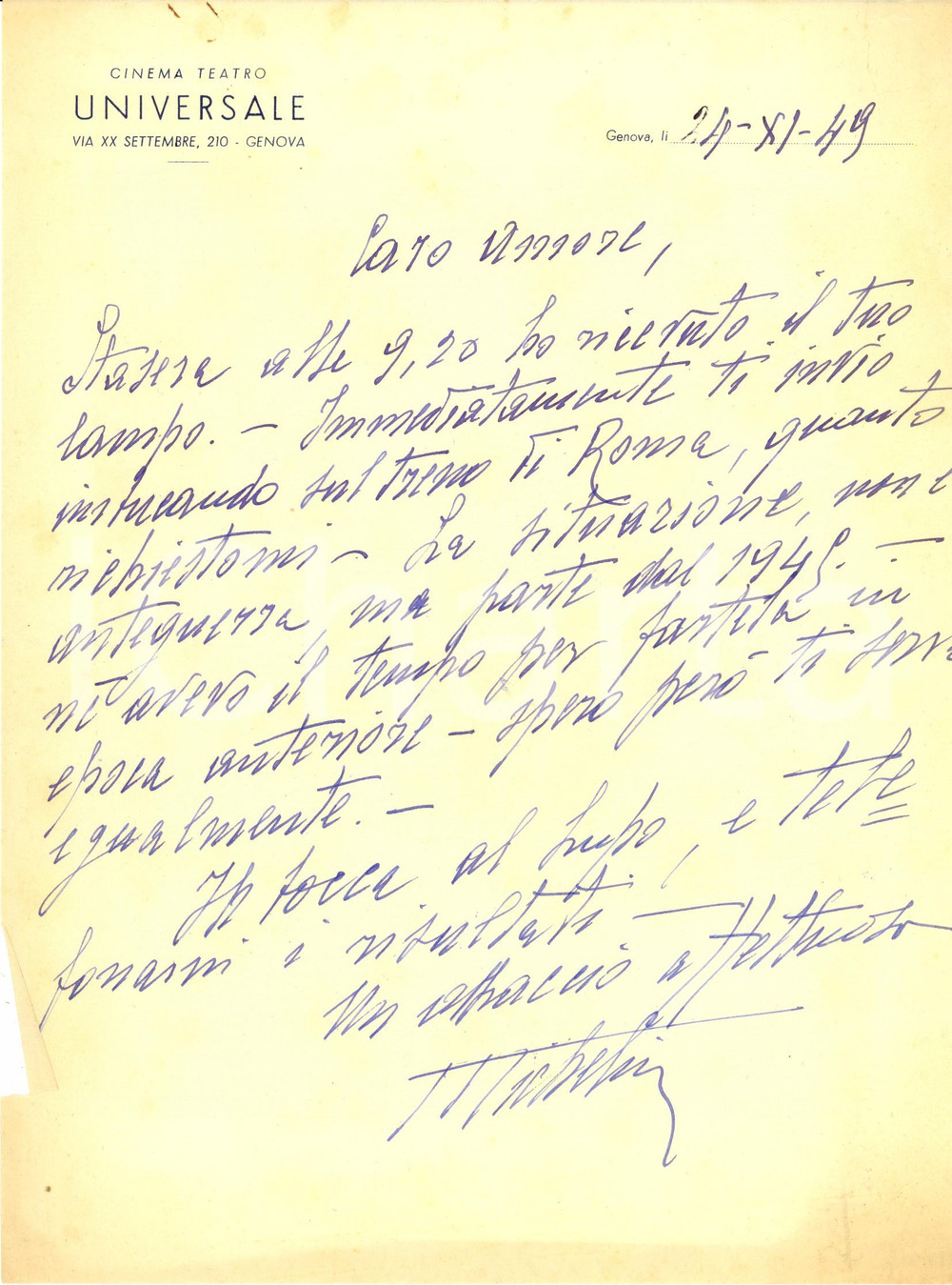 Documento originale, autentico 1949 GENOVA Cinema UNIVERSALE Lettera Michele CARRINO ad Alfio AMORE produttore 1