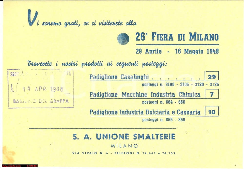 Oggetto da collezione cartaceo 1948 XXVI Fiera MILANO Invito S. A. UNIONE SMALTERIE 1