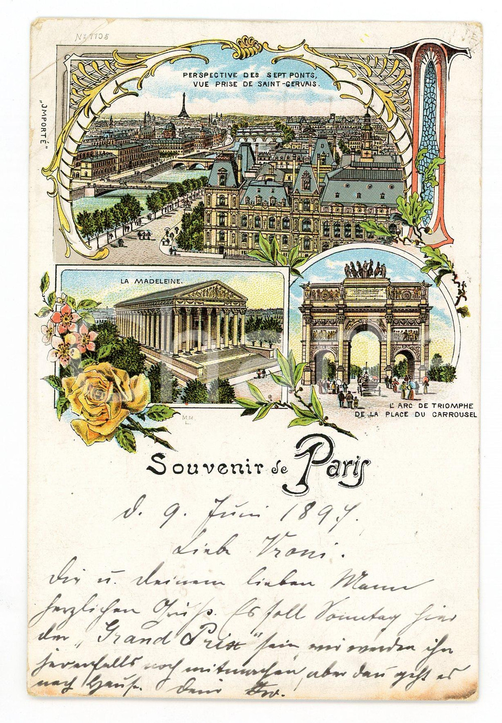 1897 PARIS Vues - Sept Ponts - Madeleine - Arc du Carrousel - Carte postale  Cartolina postale d'epoca, viaggiata.CONDIZIONI: POOR (piegatura angolare)FORMATO: FP    originale e autentica 1