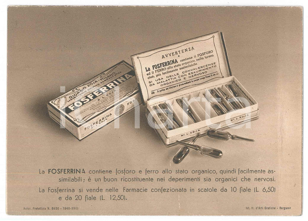 Materiale pubblicitario d’epoca 1940 MILANO FARMACEUTICA Giorgio ZOJA  Biglietto FOSFERRINA Serie giottesca 1