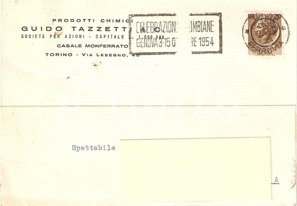 Cartolina originale da collezione 1954 CASALE MONFERRATO Guido TAZZERRI Prodotti chimici *Cartolina Commerciale 1