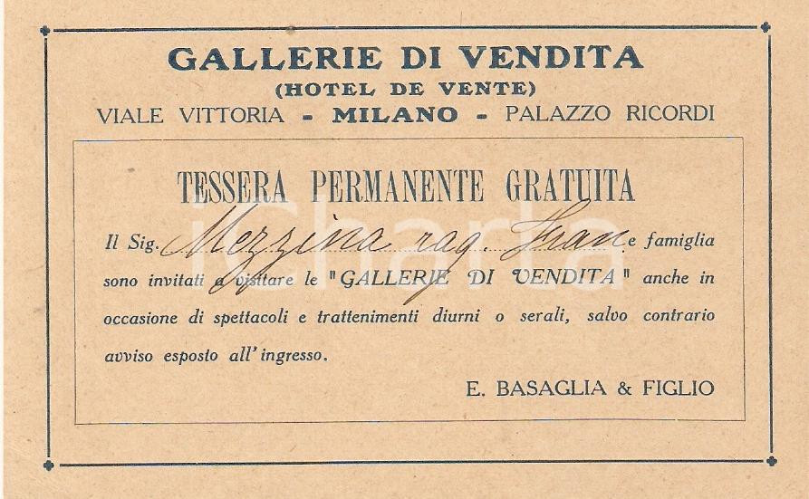 Oggetto da collezione cartaceo 1930 ca MILANO Tessera Gallerie vendita Franco MEZZINA 1