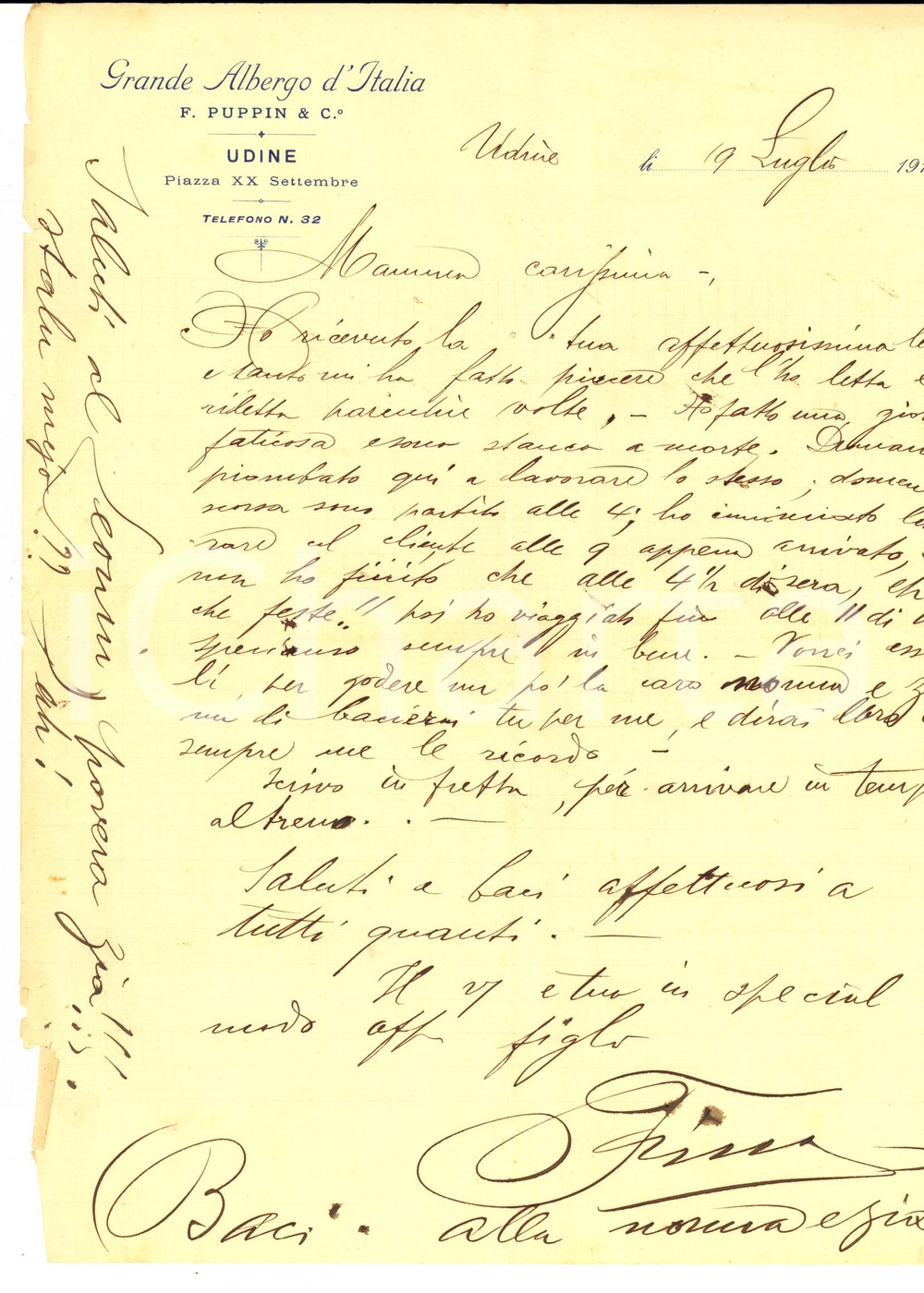 Manoscritto, lettera originale 1913 UDINE Lettera Delfino COMETTO su carta intestata GRANDE ALBERGO D ITALIA 1