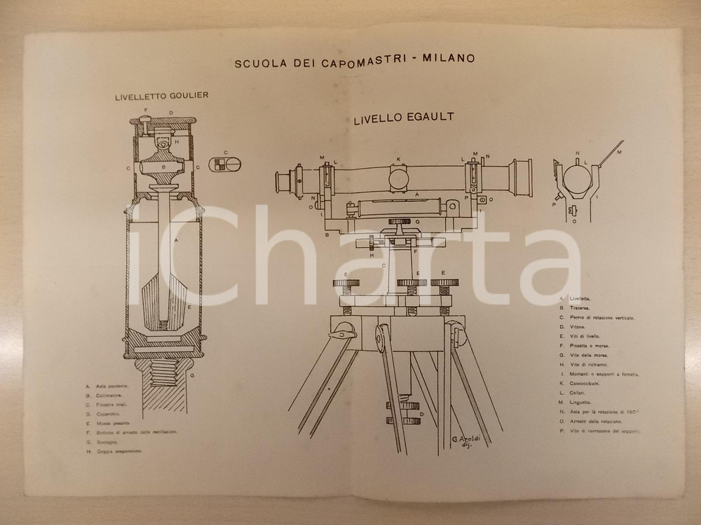 Stampa, bozzetto originale 1950 MILANO Scuola dei capomastri  Livelletto GOULIER  Livello EGAULT Tavola 1