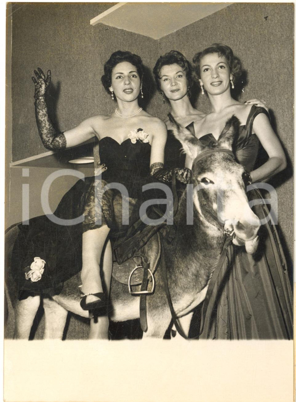 1954 PARIS Prix DIANE DE CHANTILLY - Le mannequin Carina sur le dos d'un âne