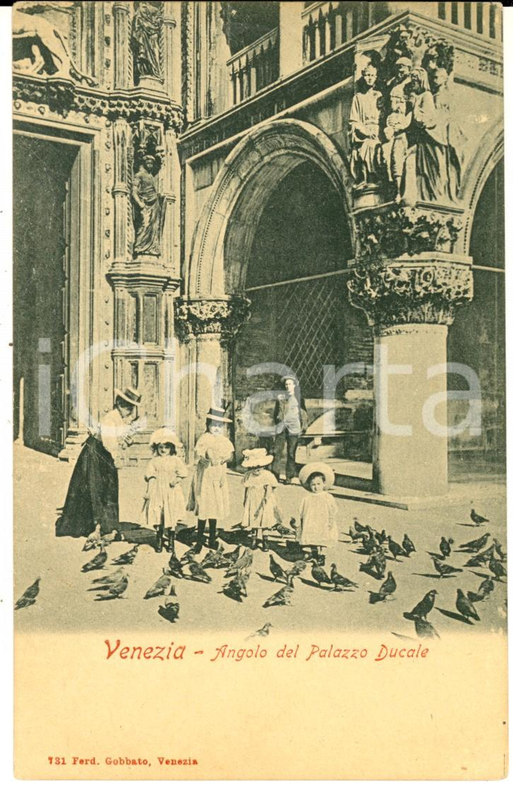 Cartolina originale da collezione 1900 ca VENEZIA Angolo Palazzo Ducale *Cartolina ANIMATA con bambini e piccioni 1