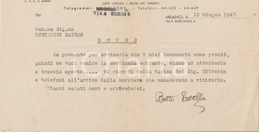 Manoscritto, lettera originale 1947 DORNO PV COPIADUX Si ricordi farina di CITTERIO 1