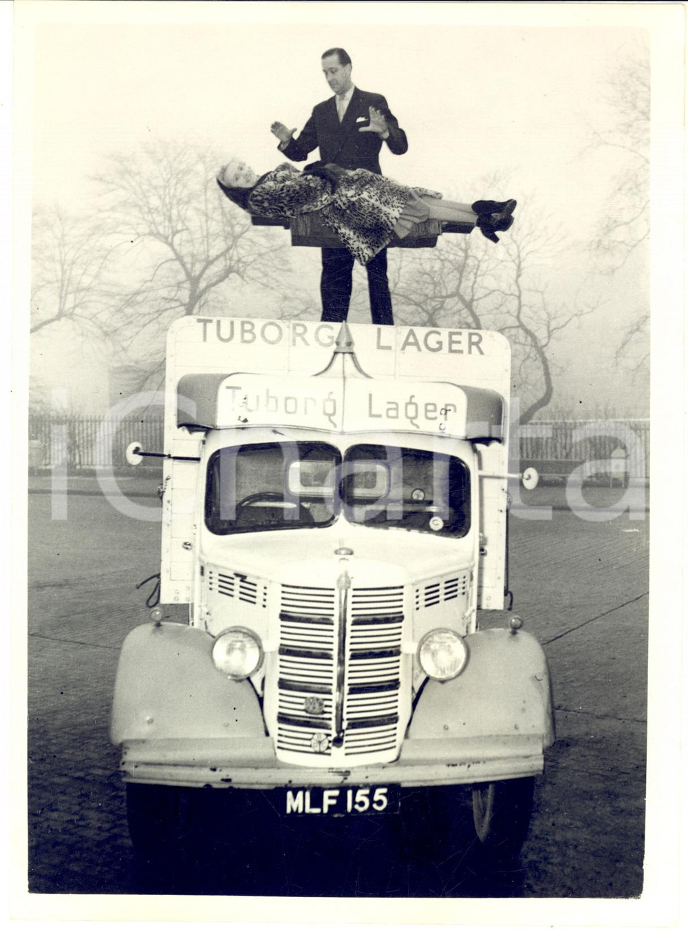 1955 ca LONDON Danish illusionists GULLI BANG performing on a TUBORG van
