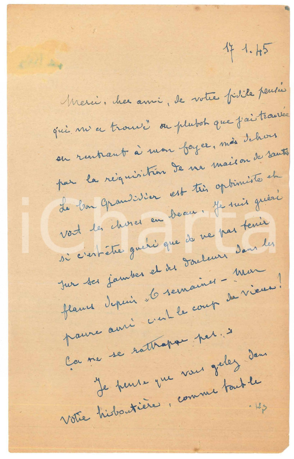 Autografo originale 1945 Lettera Etienne BANDY DE NALECHE dopo una malattia Autografo 1