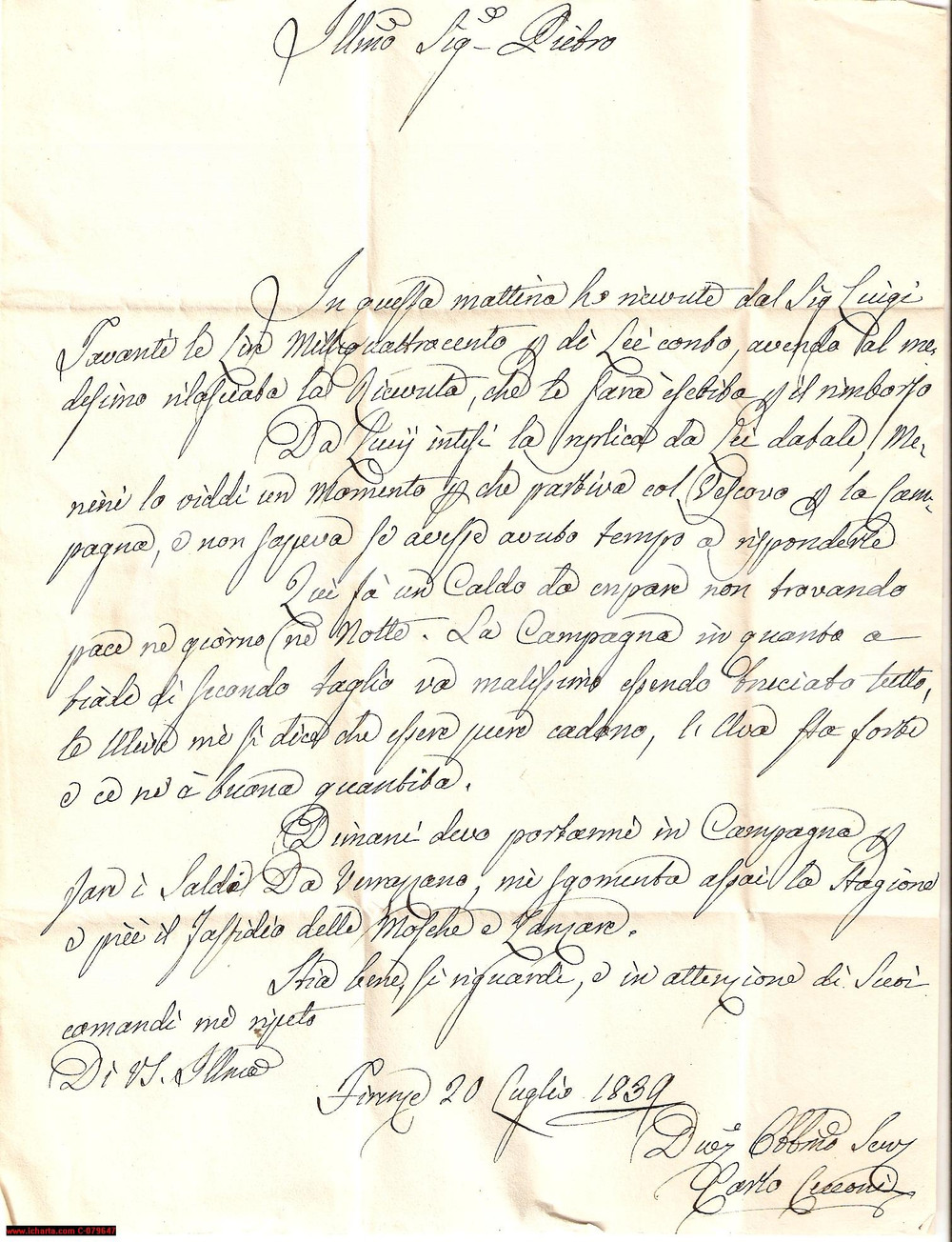 Manoscritto, lettera originale 1839 FIRENZE Fa un caldo da crepare ed Ã¨ bruciato tutto 1