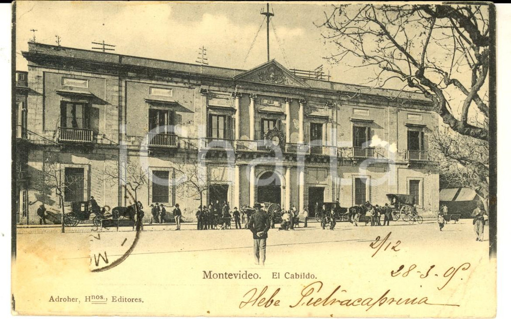 Cartolina originale da collezione 1905 MONTEVIDEO URUGUAY El Cabildo Cartolina ANIMATA con carrozze 1
