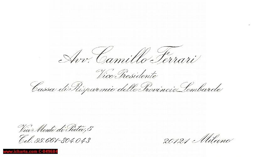 Oggetto da collezione cartaceo 1970 circa CARIPLO Biglietto da visita avvocato Camillo FERRARI 1