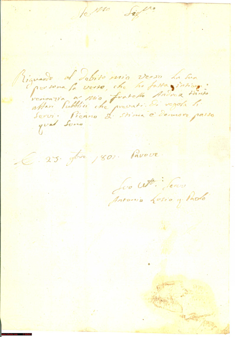 Manoscritto, lettera originale 1801 PAVONE (BS) Antonio LOSIO debitore Ignazio NOVELLI 1