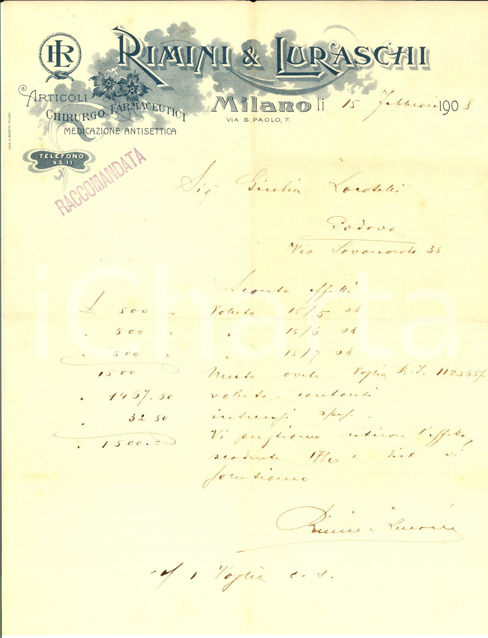 Manoscritto, lettera originale 1908 MILANO Via San Paolo 7 RIMINI & LURASCHI Articoli farmaceutici Lettera 1