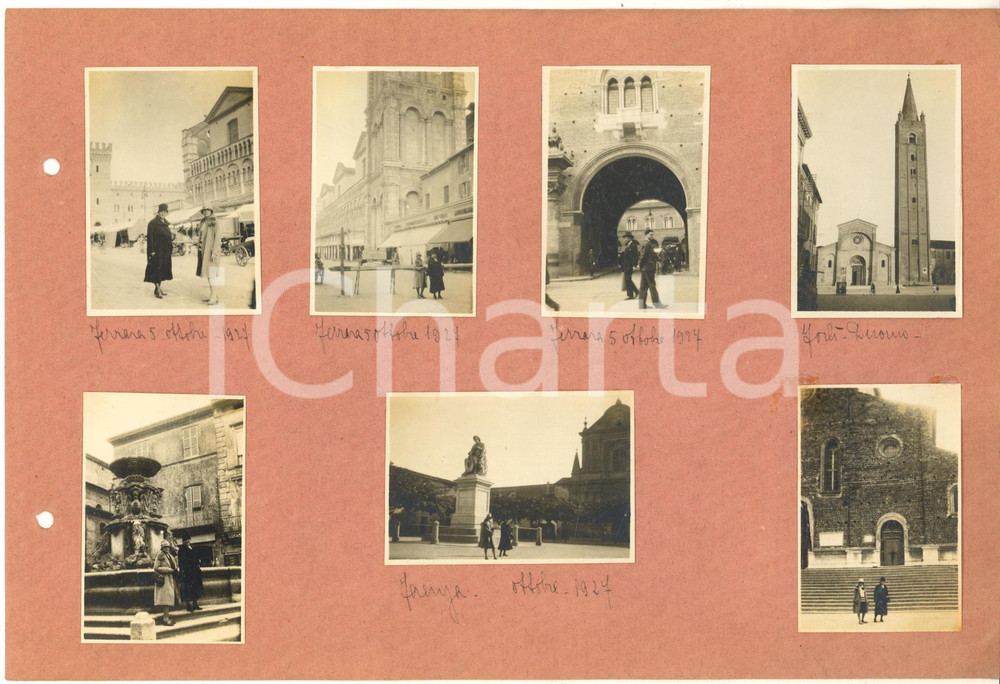 1927 RAVENNA Congressisti DANTE ALIGHIERI in gita *Collage 8 foto Lotto di otto fotografie, su cartoncino forato, scattate durante la gita dei partecipanti al XXXII Congresso della Societ&agrave; "Dante Alighieri". GOOD/buono  Formato: 24x16 cm originale e autentica 1