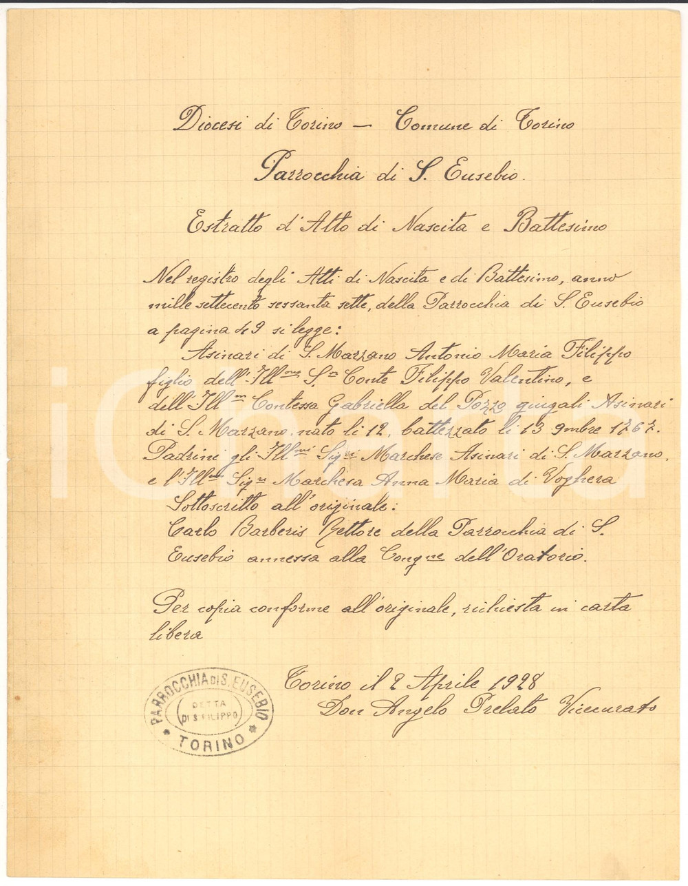 Documento originale, autentico 1928 TORINO Atto Nascita Filippo ASINARI DI SAN MARZANO 1
