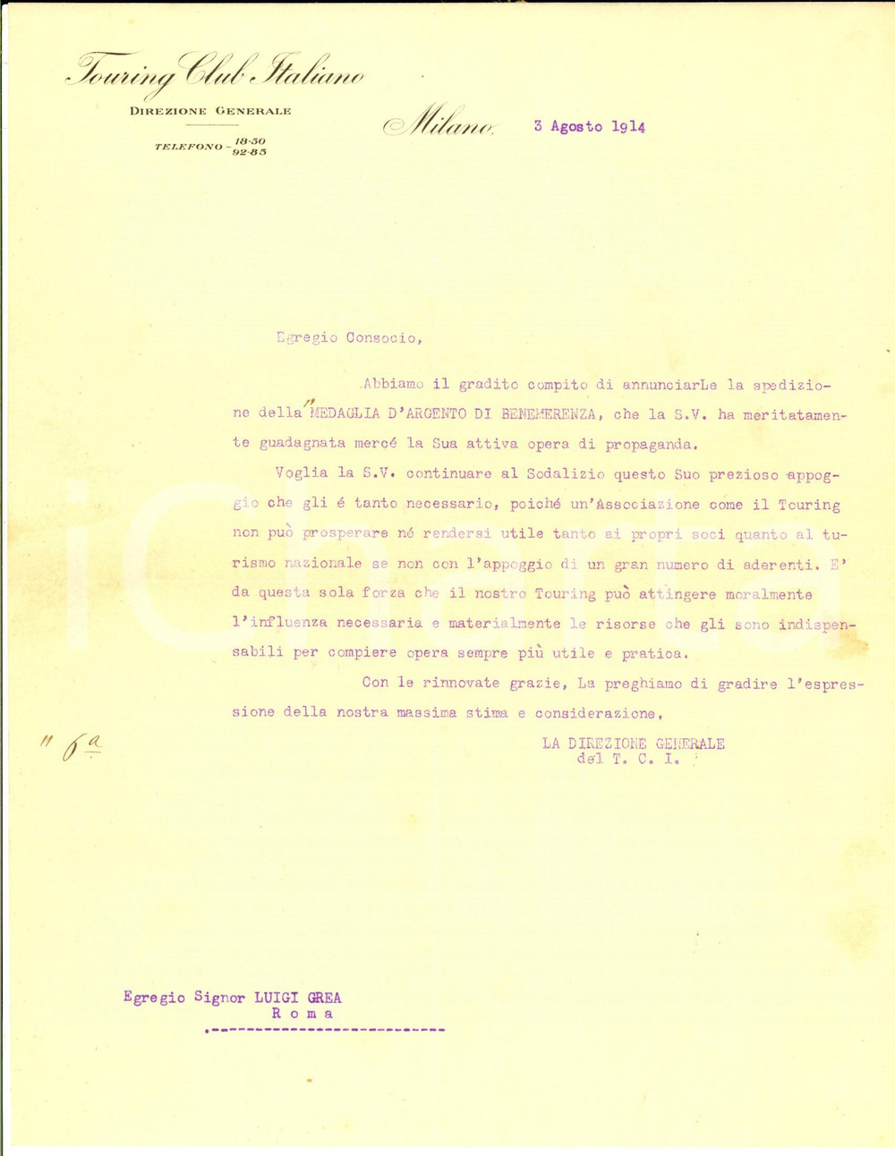 1914 MILANO TOURING CLUB ITALIANO Lettera invio medaglia d'argento benemerenza
