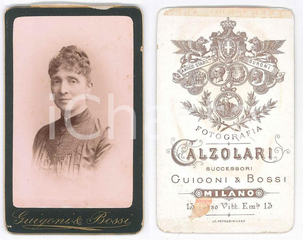Fotografia d epoca originale 1890 ca MILANO Ritratto di donna  Busto  Fotografia GUIGONI & BOSSI CDV 1