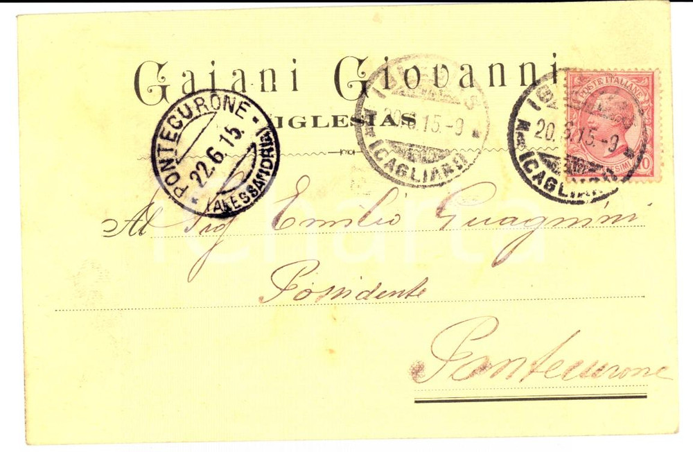 Cartolina originale da collezione 1915 IGLESIAS CA Giovanni GAIANI su puzza e marciume bagno Cartolina FP VG 1