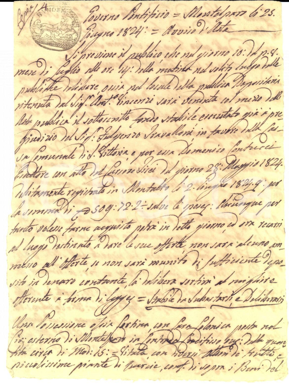 Documento originale, autentico 1824 MONTELPARO FM Avviso d asta per fondo rurale in contrada CROCIFISSO 1