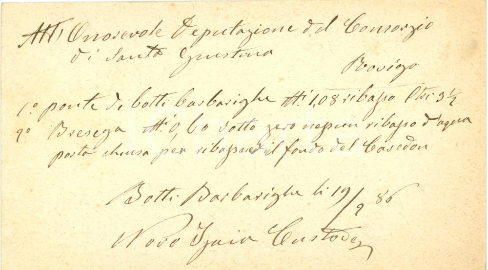 Documento originale, autentico 1886 BOTTI BARBARIGHE (RO) Rilievi idrometrici Isaia NOVO ponte canale 1